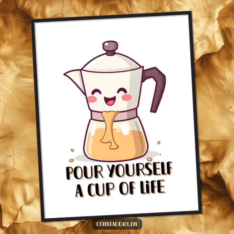 Funny Free Printable Wall Art: A smiling kawaii coffee pot pouring a delightful cascade of coffee with joy.