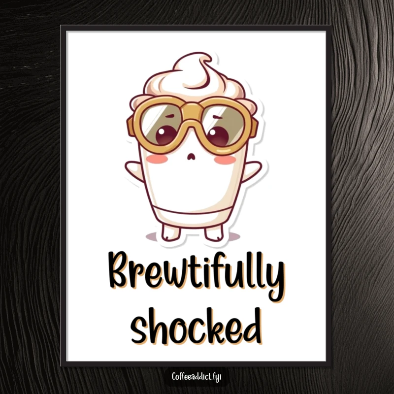 Funny Free Printable Wall Art: A kawaii coffee cup character in oversized goggles stares with wide-eyed surprise. Adorable downloadable decor.