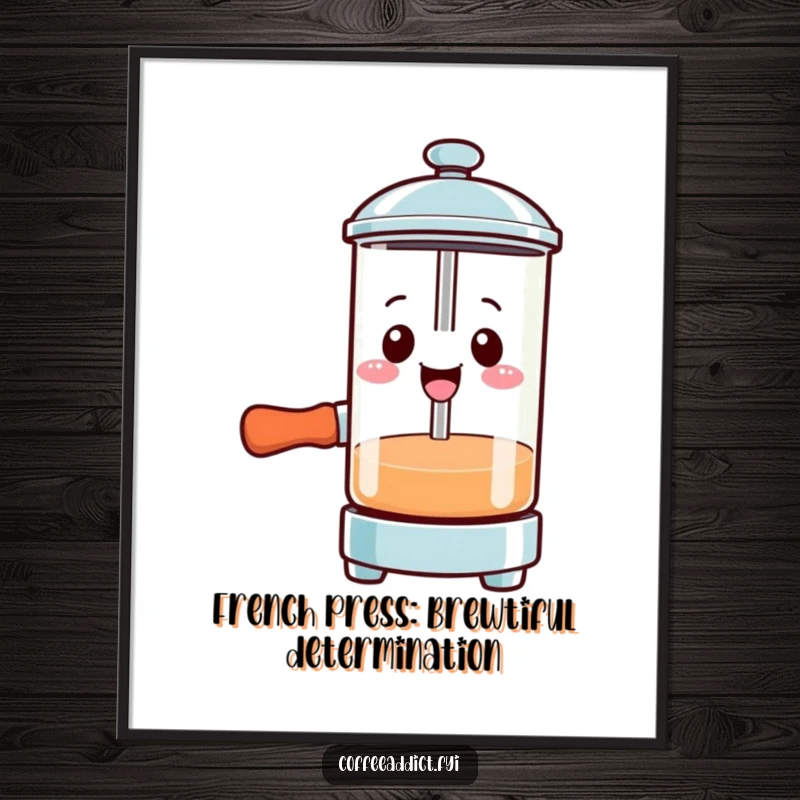 Funny Free Printable Wall Art: Smiling Kawaii French press character pressing down with gusto, radiating coffee-fueled energy.