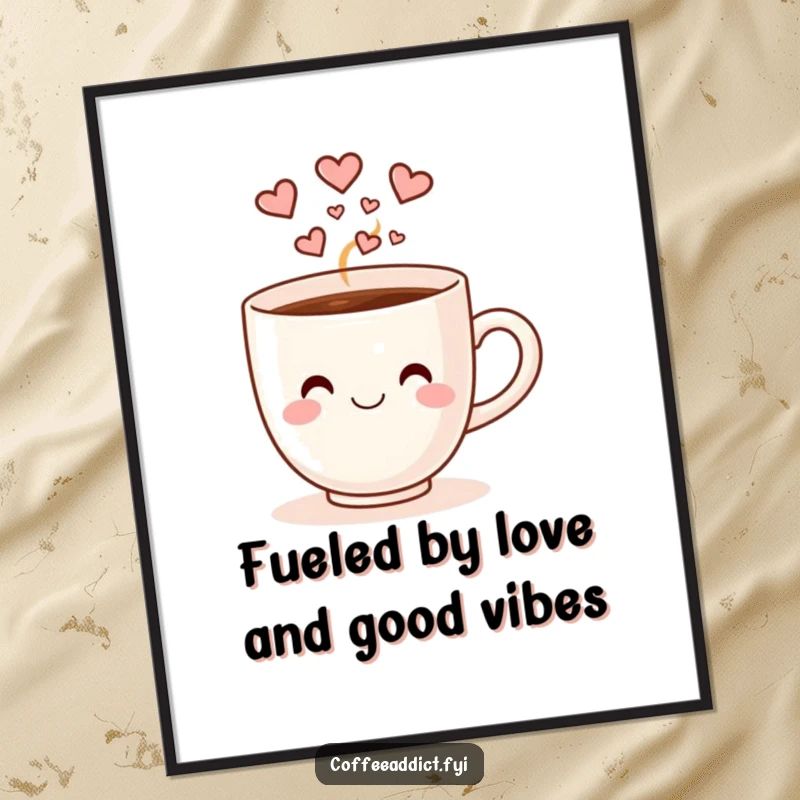 Funny Free Printable Wall Art: A smiling coffee cup with steam shaped like hearts doing a joyful happy dance.