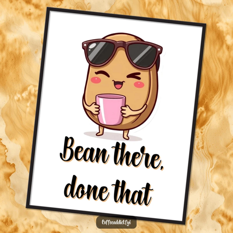 Funny Free Printable Coffee Bean Wall Art: A coffee bean with sunglasses winks while holding a tiny coffee mug, looking super cool.