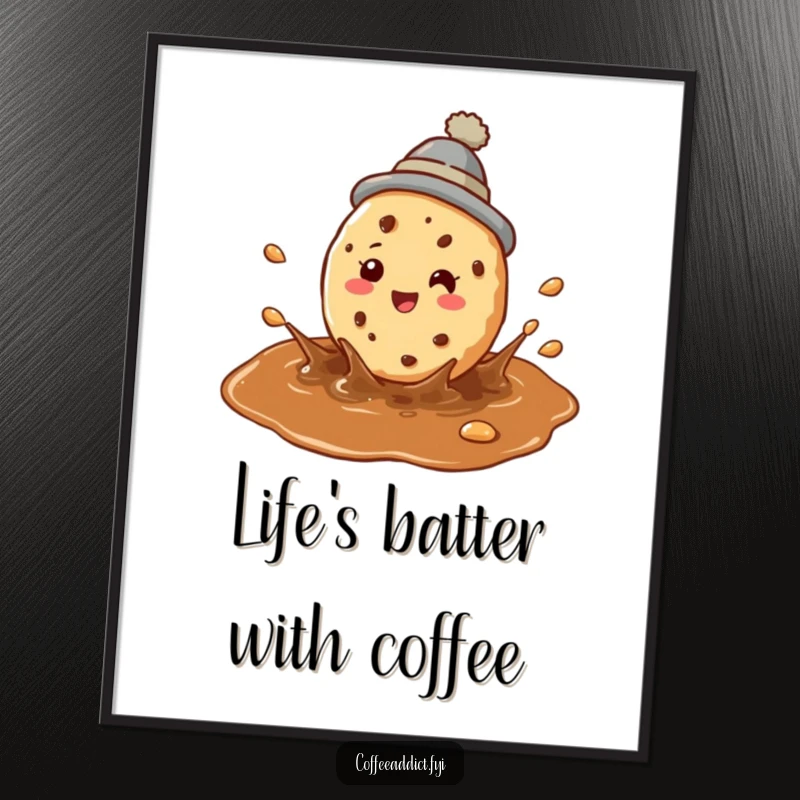 Funny Free Printable Wall Art: Perky Cookie in Tiny Hat Joyfully Splashing in a Coffee Puddle
