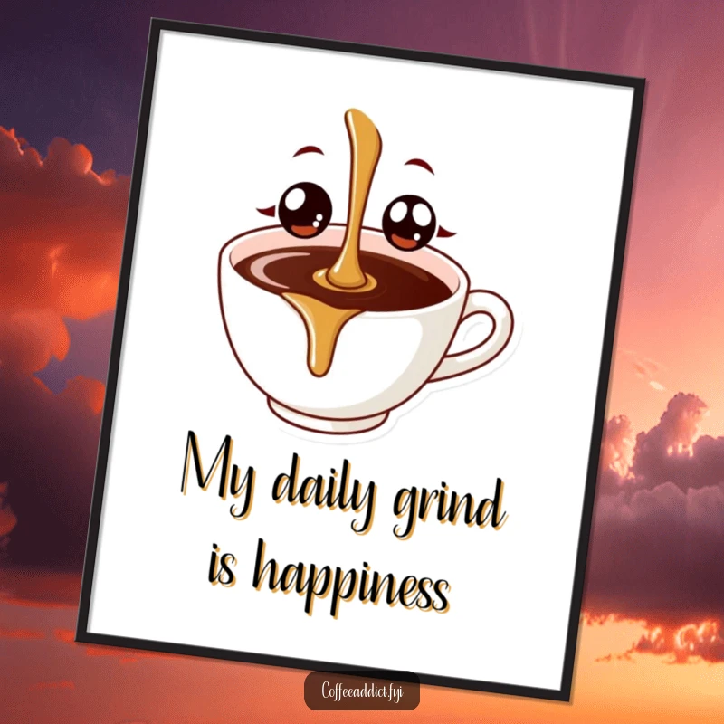 Funny Free Printable Wall Art: A personified coffee drip with huge, excited eyes plunging into a coffee cup, bringing smiles.