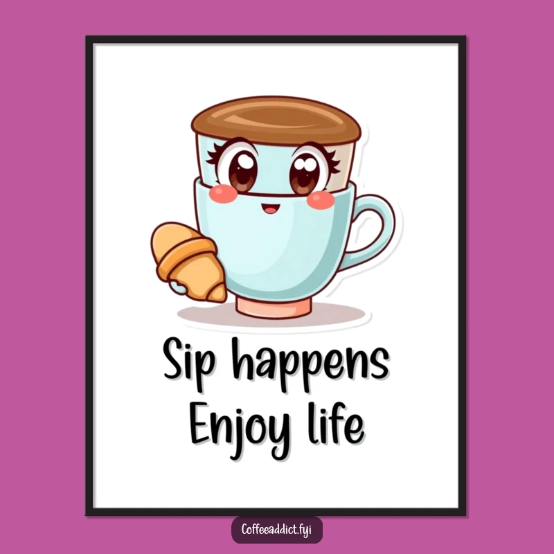 Funny Free Printable Wall Art: Happy Kawaii Coffee Cup with Croissant, Downloadable Decor