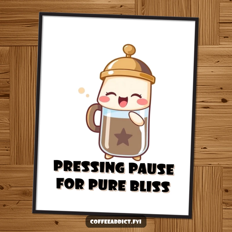 Funny Free Printable Wall Art: French press character releasing a bubbly sigh of joy, perfect quirky coffee decor.