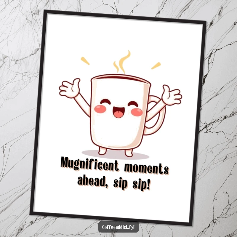 Funny Free Printable Wall Art depicting a kawaii coffee mug character with its arms stretched wide, bursting with happiness.