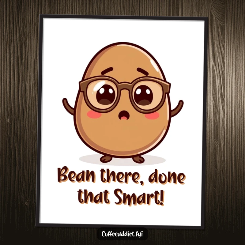 Funny Free Printable Wall Art featuring a small kawaii coffee bean wearing spectacles and looking comically astonished.