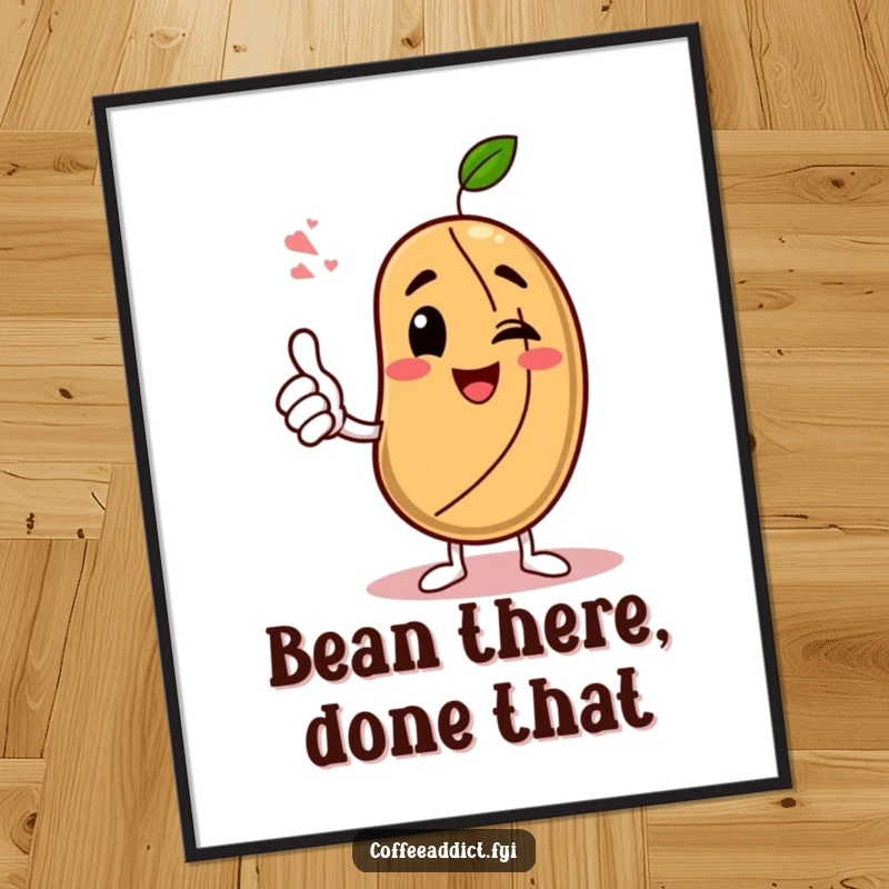 Funny Free Printable wall art of a coffee bean character enthusiastically giving a thumbs-up with a wink, a cool downloadable gift.