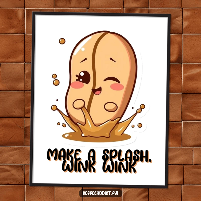 Funny Free Printable Wall Art: Coffee bean character winking mischievously while splashing a tiny amount of liquid.