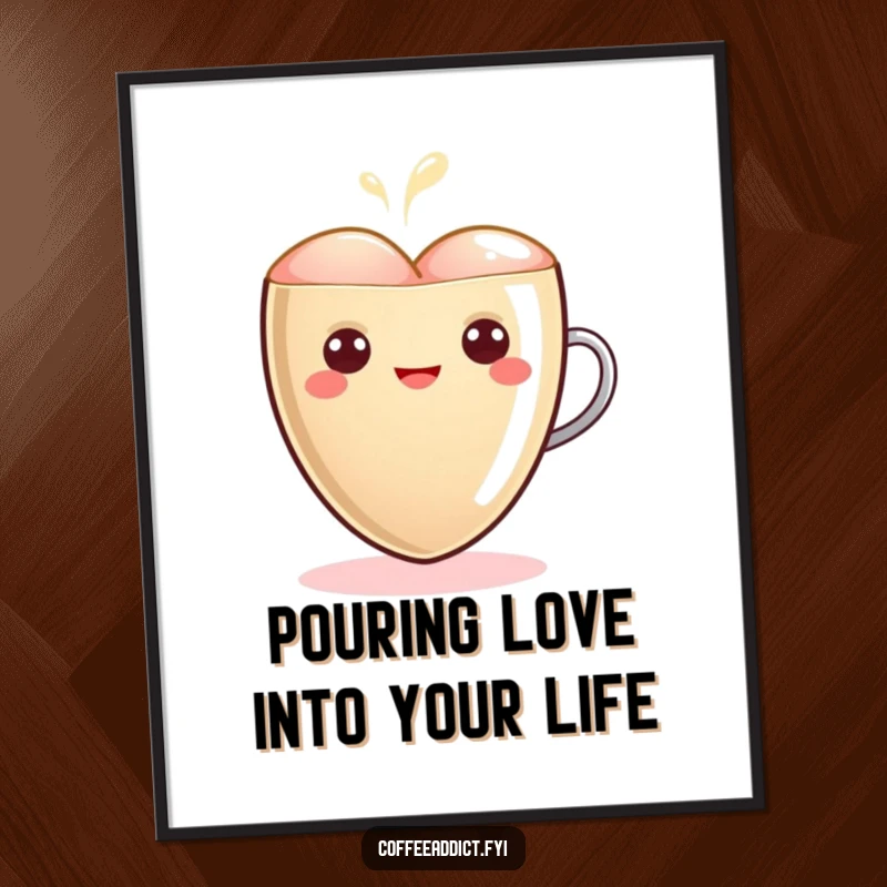 Funny Free Printable Wall Art: Kawaii latte art heart character glowing warmly, adding a cozy and loving ambiance.