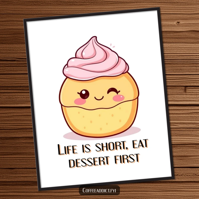 Funny Free Printable Wall Art: Kawaii pastry character with a delighted frosting swirl, a sweet and charming decor piece.