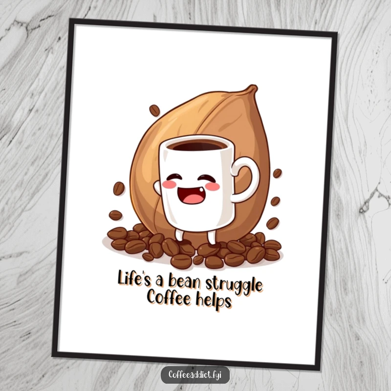 Funny Free Printable Wall Art: A coffee mug character humorously battles a gigantic coffee bean, creating comical downloadable decor.