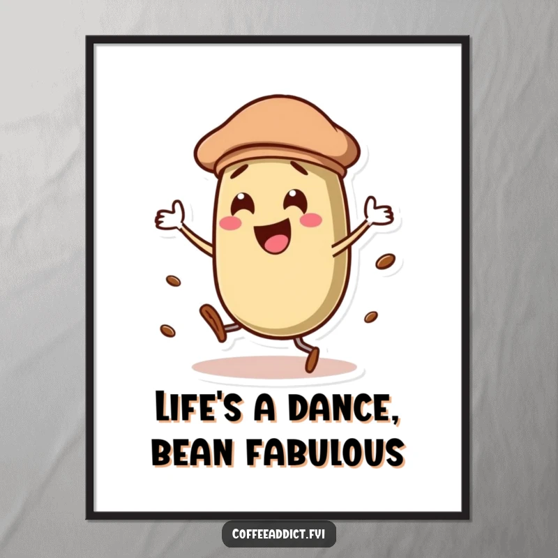 Funny Free Printable Wall Art: A coffee bean character wearing a beret, dancing with sophisticated flair.