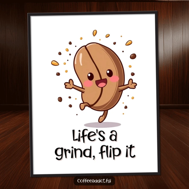 Funny Free Printable Wall Art: Kawaii coffee bean character performing an energetic somersault with sprinkles, bringing a lively vibe.