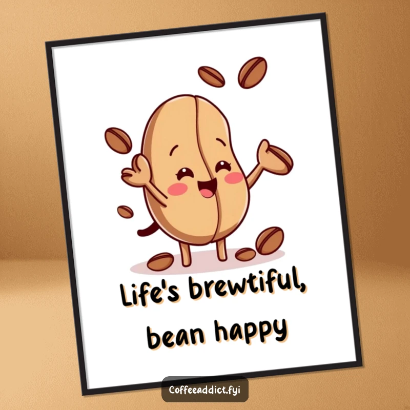Funny Free Printable Wall Art: A dynamic coffee bean energetically juggling smaller beans, creating a whimsical and humorous piece of downloadable art.