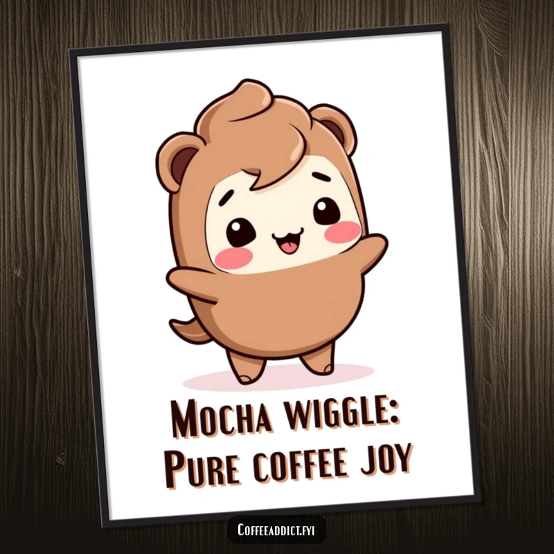 Funny Free Printable Wall Art: Giggling Kawaii mocha character doing a joyful wiggle, bringing cheer to any room.