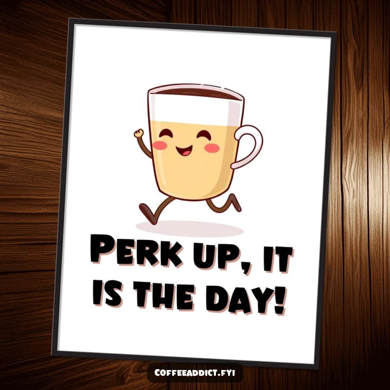 Funny Free Printable Wall Art: A smiling coffee cup with tiny legs sprints joyfully towards a steaming pot of coffee.