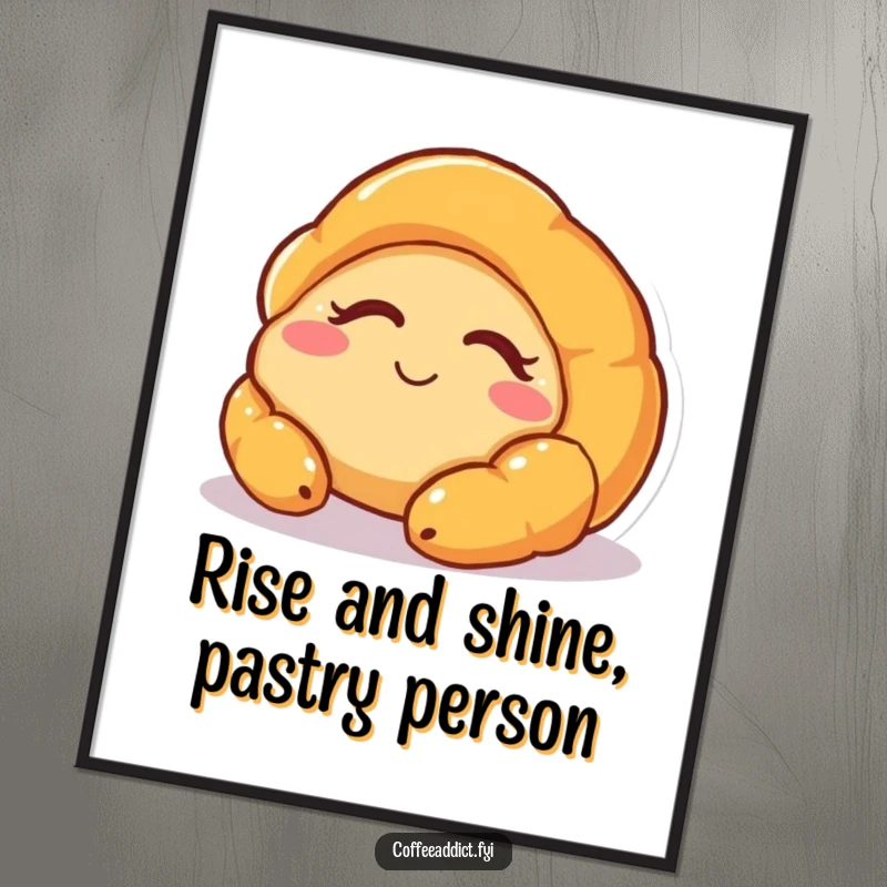 Funny Free Printable Wall Art: A sleepy croissant character waking up with a gentle smile, exuding calm and happy vibes, downloadable art.