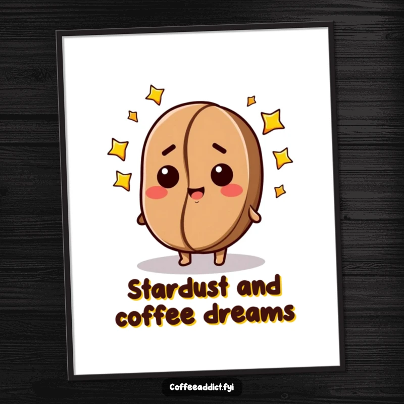 Funny Free Printable Wall Art: A blissfully dazed coffee bean character with stars floating happily around its head.