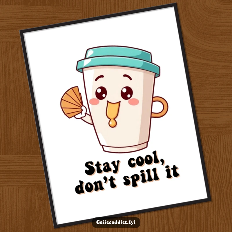 Funny Free Printable Wall Art: Humorous coffee cup character with a big dribble fanning itself coolly.