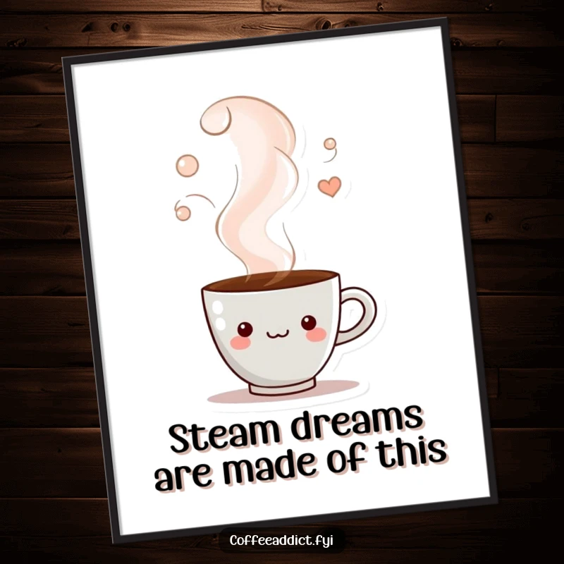 Funny Free Printable Wall Art: A coffee cup character peeks from a swirling cloud of steam, creating a cozy, inviting image. Charming downloadable decor.
