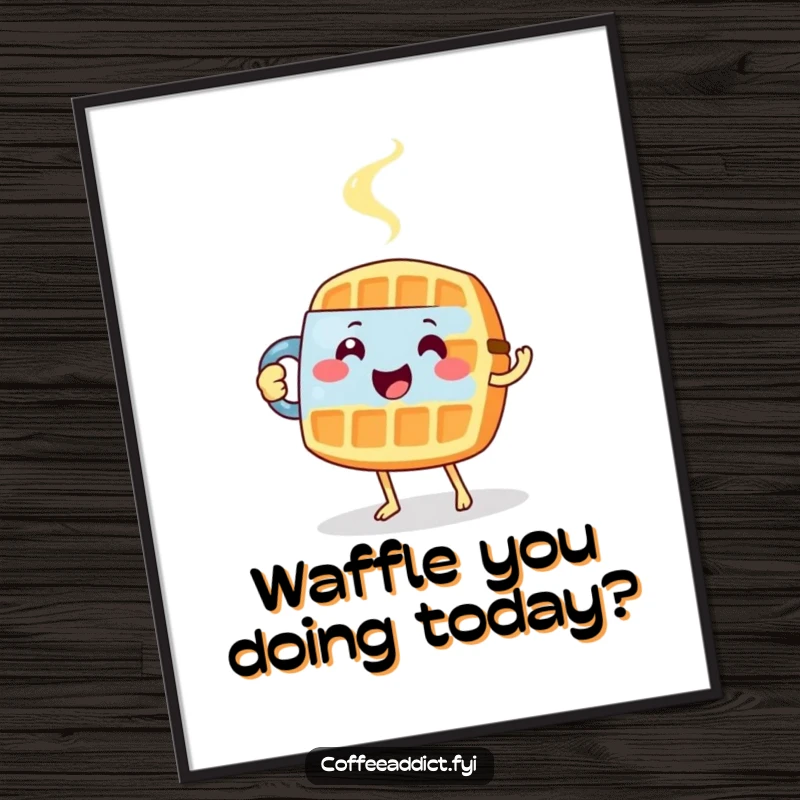 Funny Free Printable Wall Art: A happy waffle tiptoes carefully with a steaming mug, radiating warmth and charm.