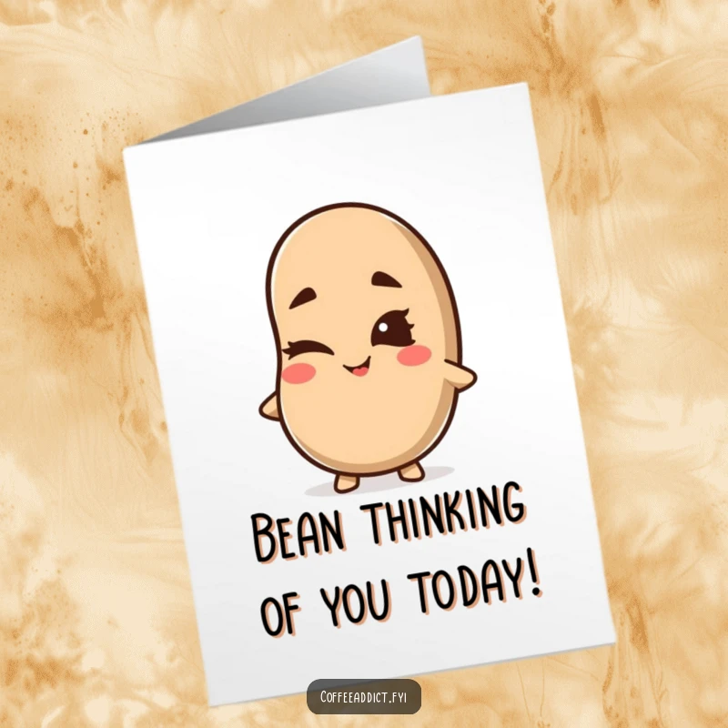 Funny Free Printable Birthday Card: Kawaii coffee bean winking with a mischievous grin, spreading cheeky birthday fun.