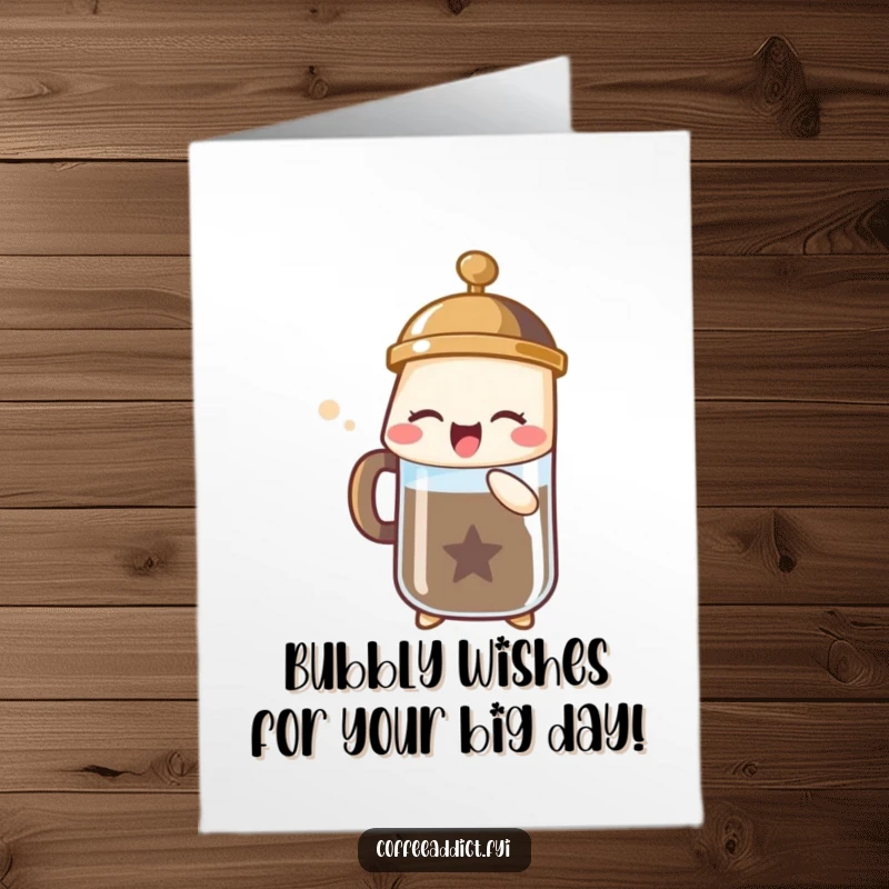Funny Free Printable Birthday Card: French press character sighs bubbly joy, perfect for a hilarious DIY gift.