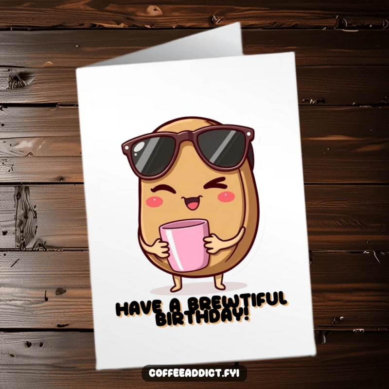 Funny Free Printable Coffee Bean Birthday Card: A cool coffee bean with sunglasses winks while holding a tiny mug.