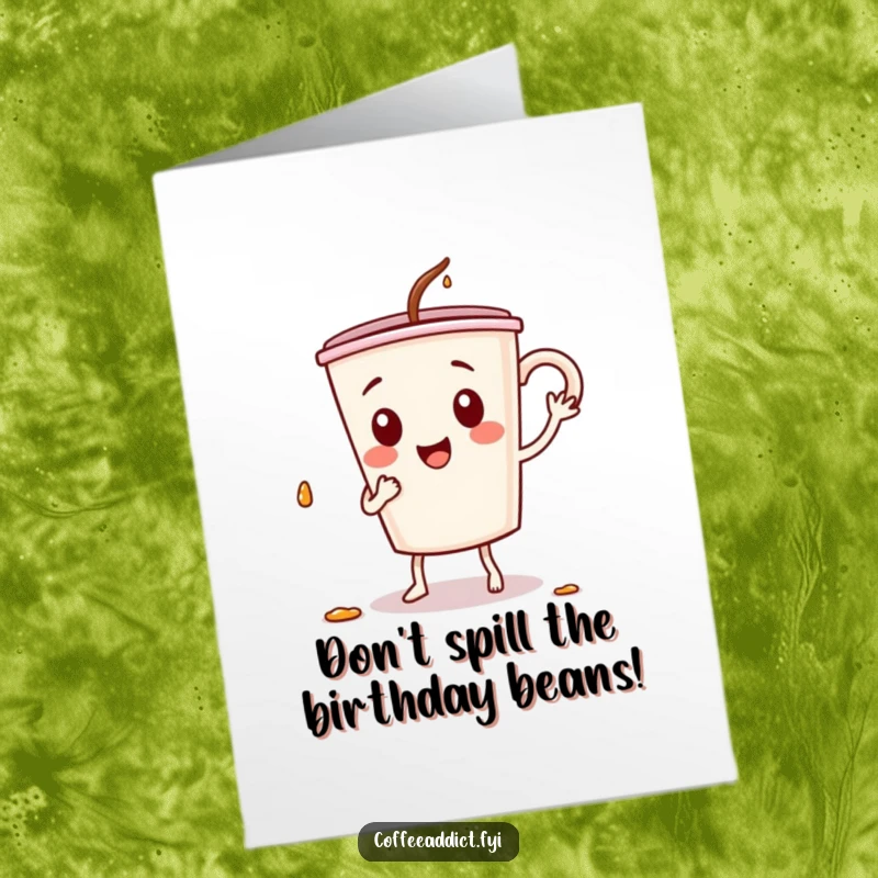 Funny Free Printable Birthday Card: Coffee cup character doing a silly dance, spilling drops, celebrating with enthusiasm.