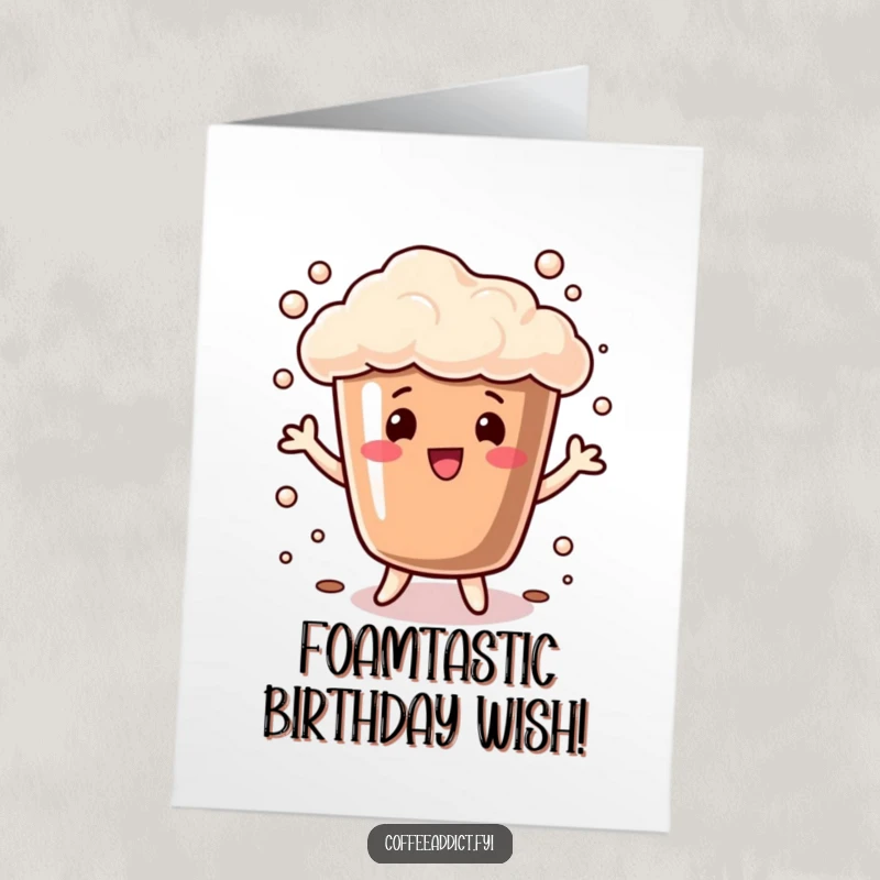 Funny Free Printable Birthday Card: A cheerful coffee cup overflowing with foam dances playfully, wishing a happy birthday.
