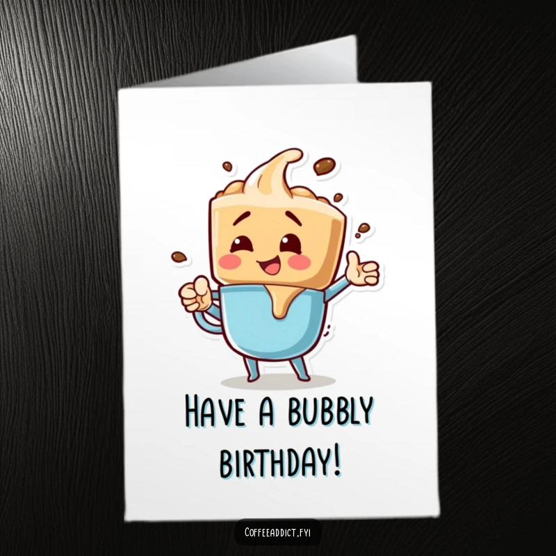 Funny Free Printable Birthday Card: A coffee drip character poses excitedly with bubbles all around. A vibrant, cheerful downloadable card.