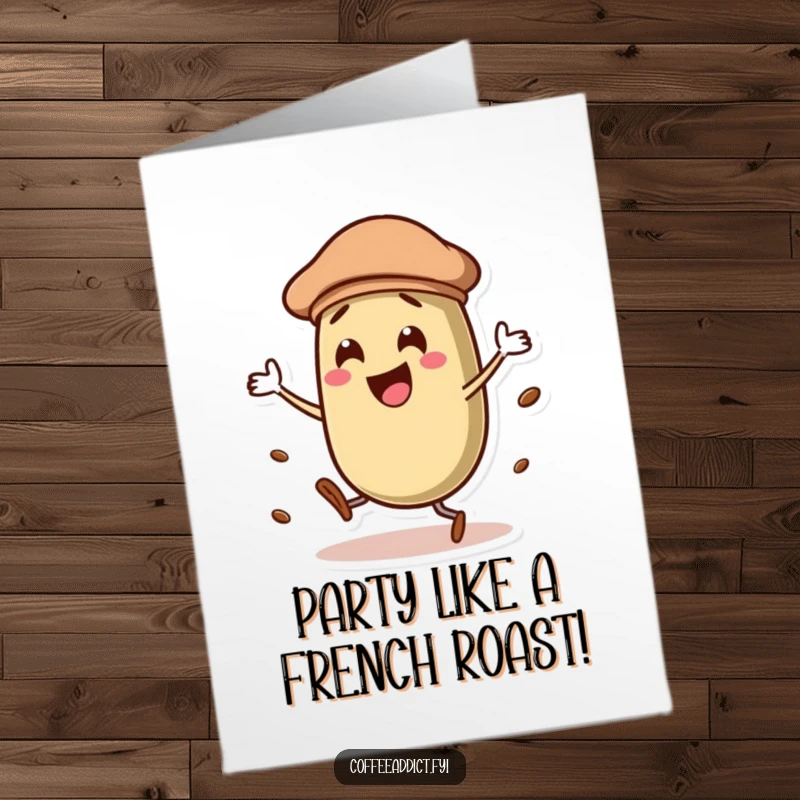 Funny Free Printable Birthday Card: A coffee bean wearing a beret, dancing energetically with flair.