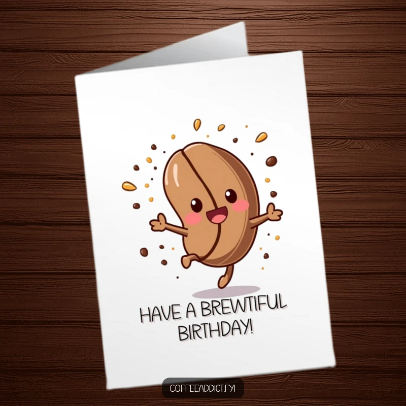 Funny Free Printable Birthday Card: Kawaii coffee bean character performing an energetic somersault with festive sprinkles, celebrating birthday.