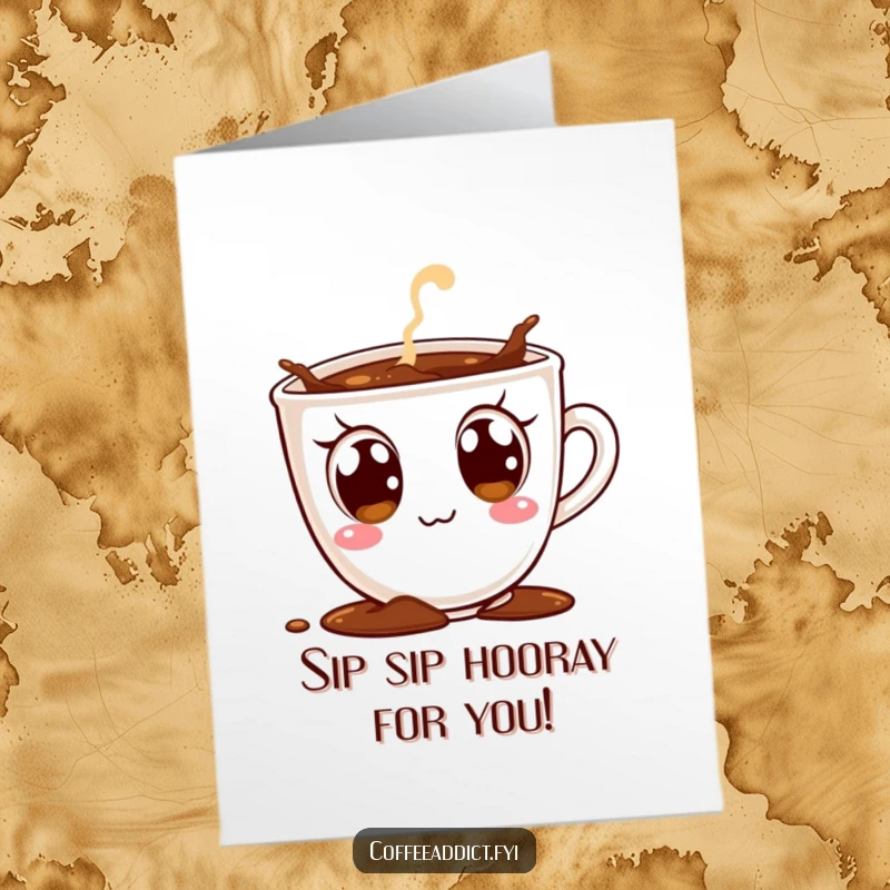 Funny Free Printable Birthday Card: A coffee cup character with huge, excited eyes is spilling its contents happily.
