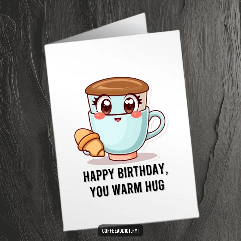 Funny Free Printable Birthday Card: Kawaii coffee cup with wide, happy eyes, holding a tiny croissant, wishing happy birthday.