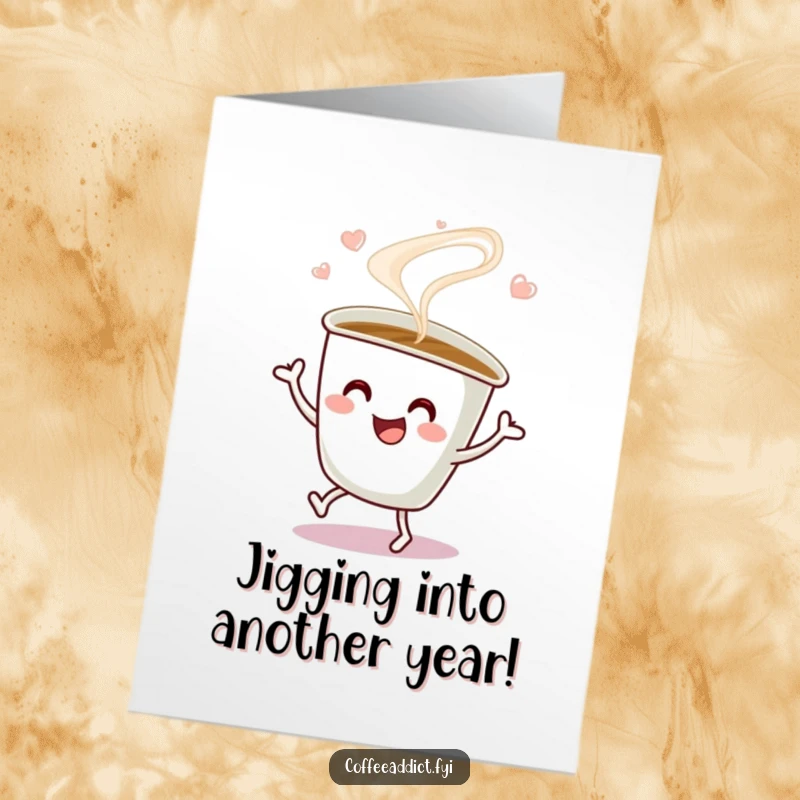 Funny Free Printable Birthday Card: A coffee cup with swirling steam performs a happy jig, celebrating a birthday.