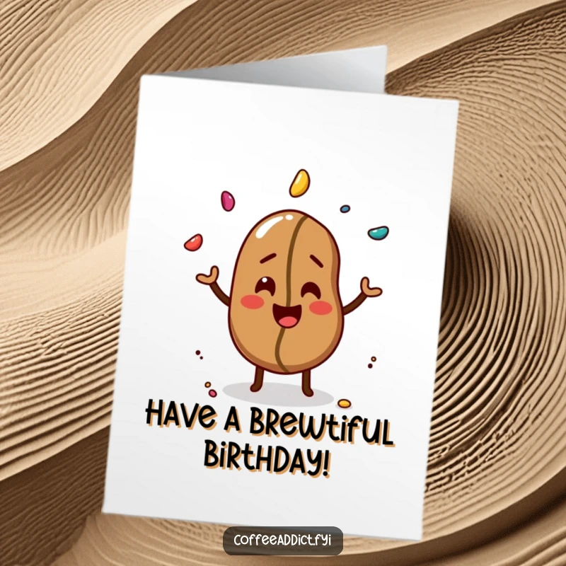 Funny Free Printable Birthday Card: A giggling coffee bean expertly juggles three colorful sprinkles, celebrating their birthday.