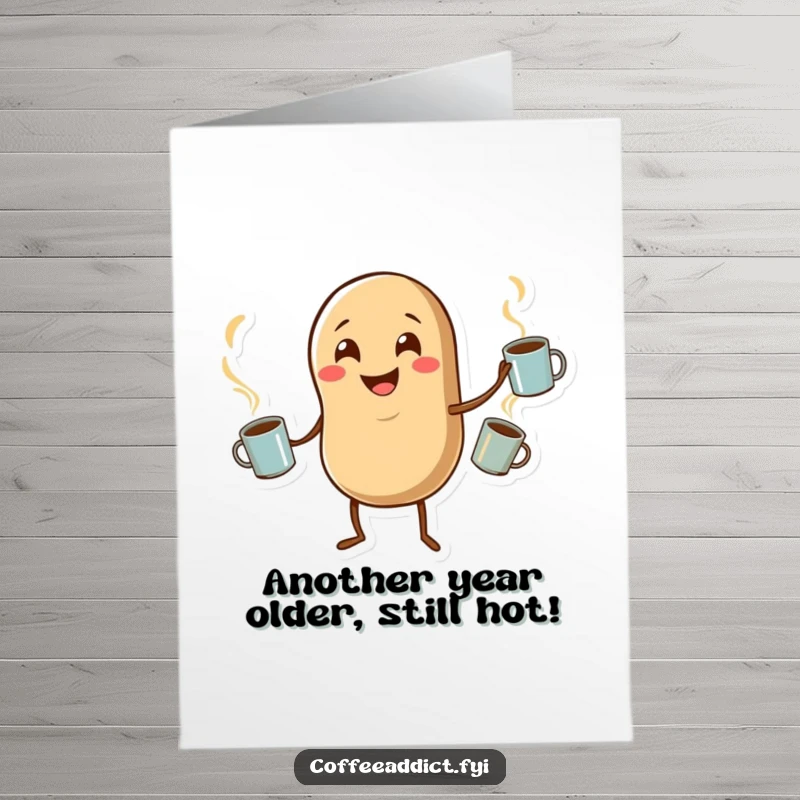 Funny Free Printable Birthday Card: A smiling coffee bean character expertly juggling three small steaming mugs. A cheerful, festive downloadable card.