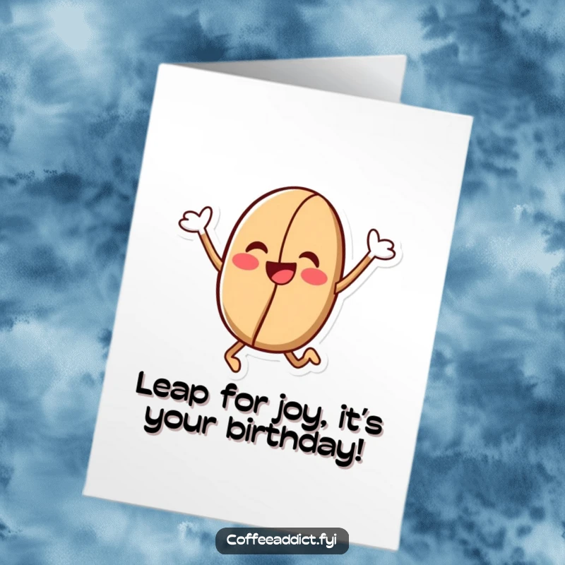 Funny Free Printable Birthday Card: Kawaii coffee bean character doing a jubilant leap, full of birthday energy, downloadable greeting.