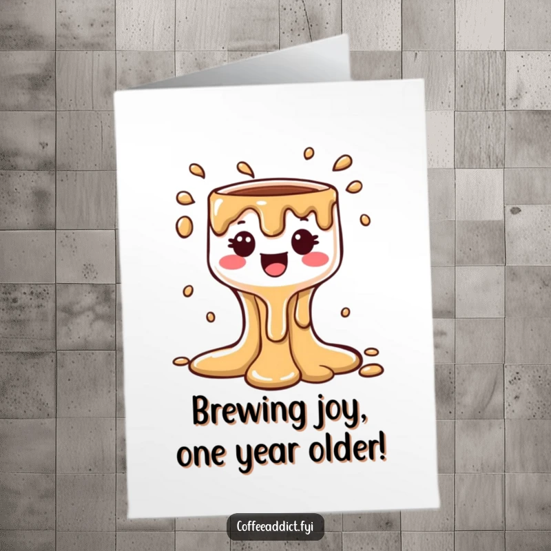 Funny Free Printable Birthday Card of a kawaii coffee drip character making a cheerful, bubbly cascade, perfect for a coffee lover.