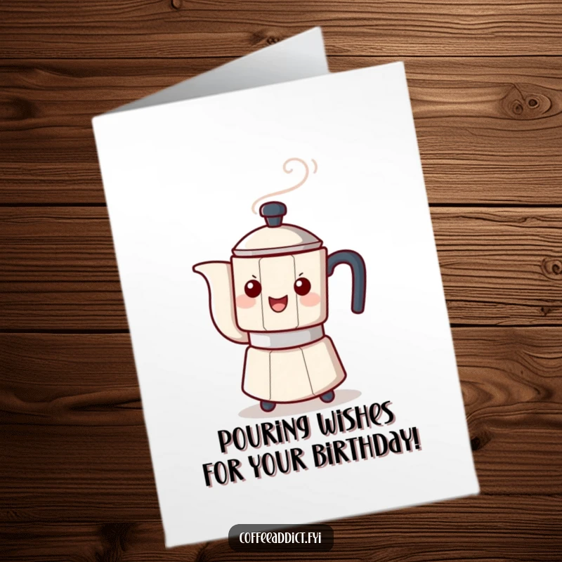 Funny Free Printable Birthday Card: A steaming coffee pot character playfully tips, ready to pour good wishes.