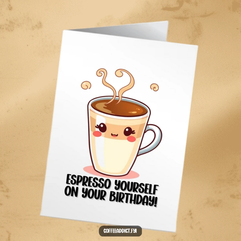 Funny Free Printable Birthday Card: A silly espresso shot with swirling steam gives a cheeky wink. Perfect for coffee enthusiasts.