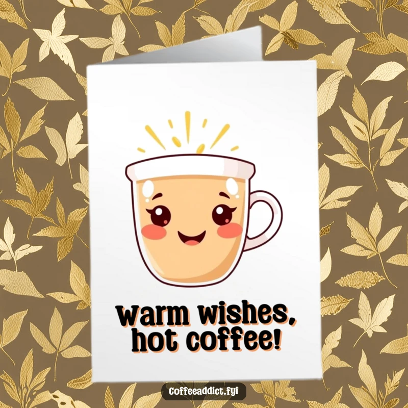 Funny Free Printable birthday card featuring a smiling coffee cup character emanating warmth and happiness, a cheerful downloadable gift.