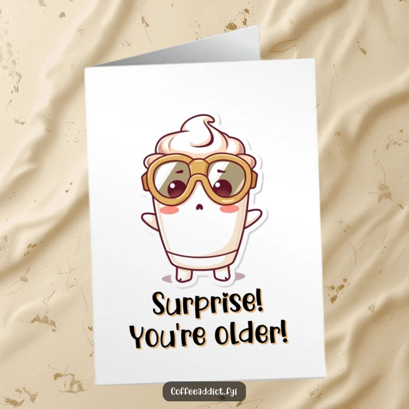 Funny Free Printable Birthday Card: A cute kawaii coffee cup with huge goggles, eyes wide in surprise. A delightful downloadable greeting.
