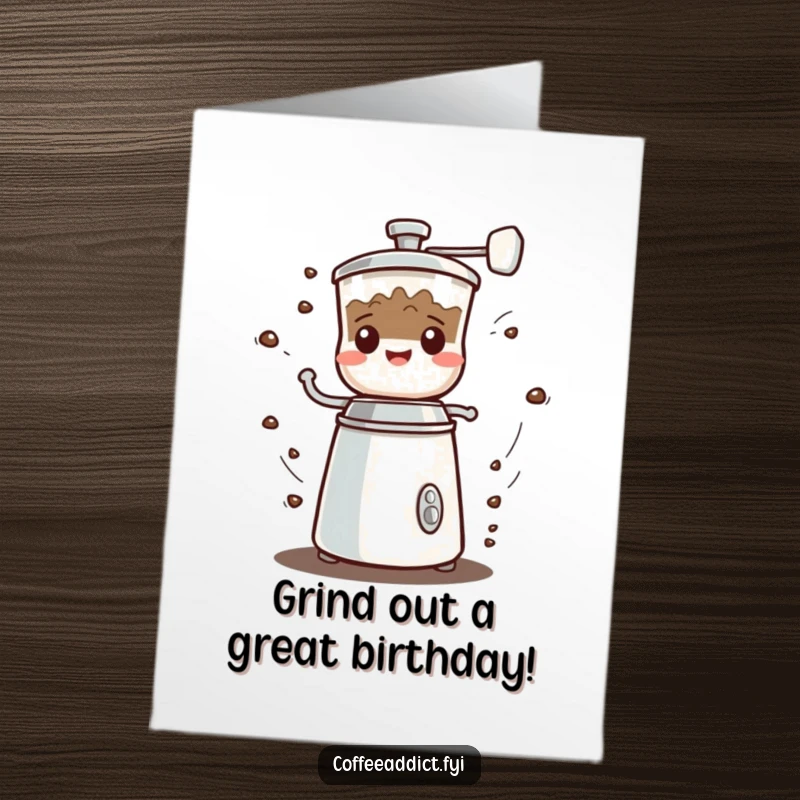 Funny Free Printable Birthday Card: Kawaii coffee grinder spinning rapidly, making a cheerful grumbling sound, perfect for birthday wishes.