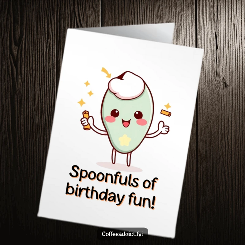 Funny Free Printable Birthday Card: Kawaii coffee spoon character giving a delighted flourish with a tiny jingle, celebrating birthdays.