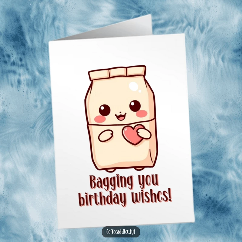 Funny Free Printable Birthday Card: Kawaii coffee bag peeking out, holding a small winking heart, full of birthday cheer.