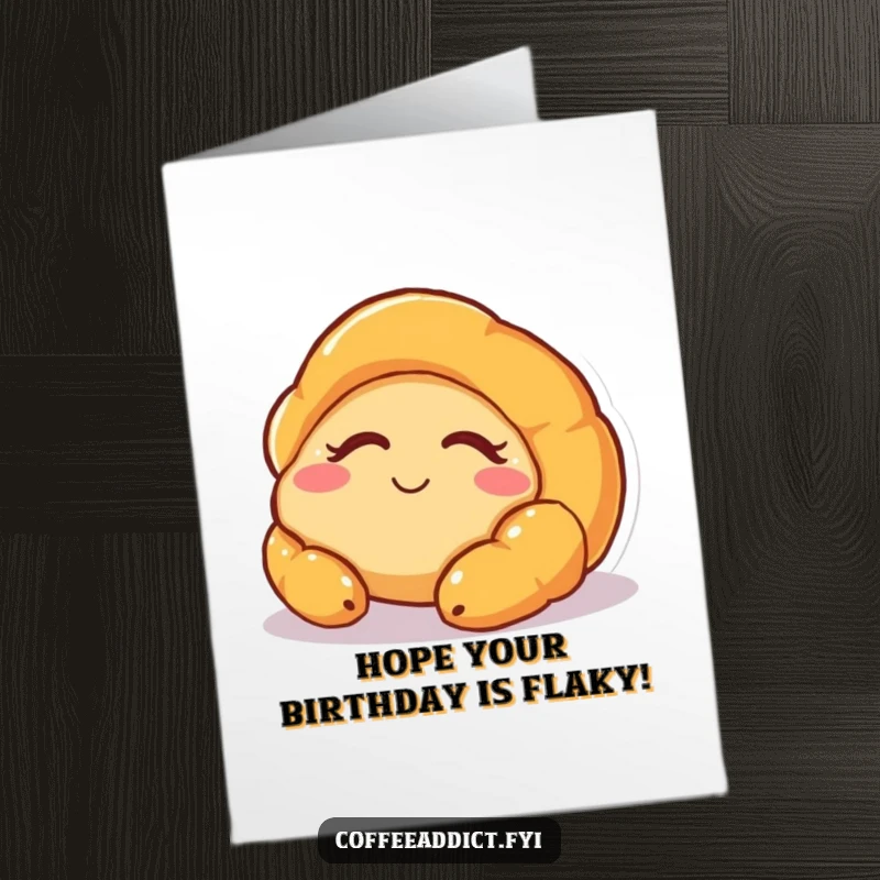 Funny Free Printable Birthday Card featuring a sleepy croissant character slowly waking up with a content smile, a sweet downloadable greeting.