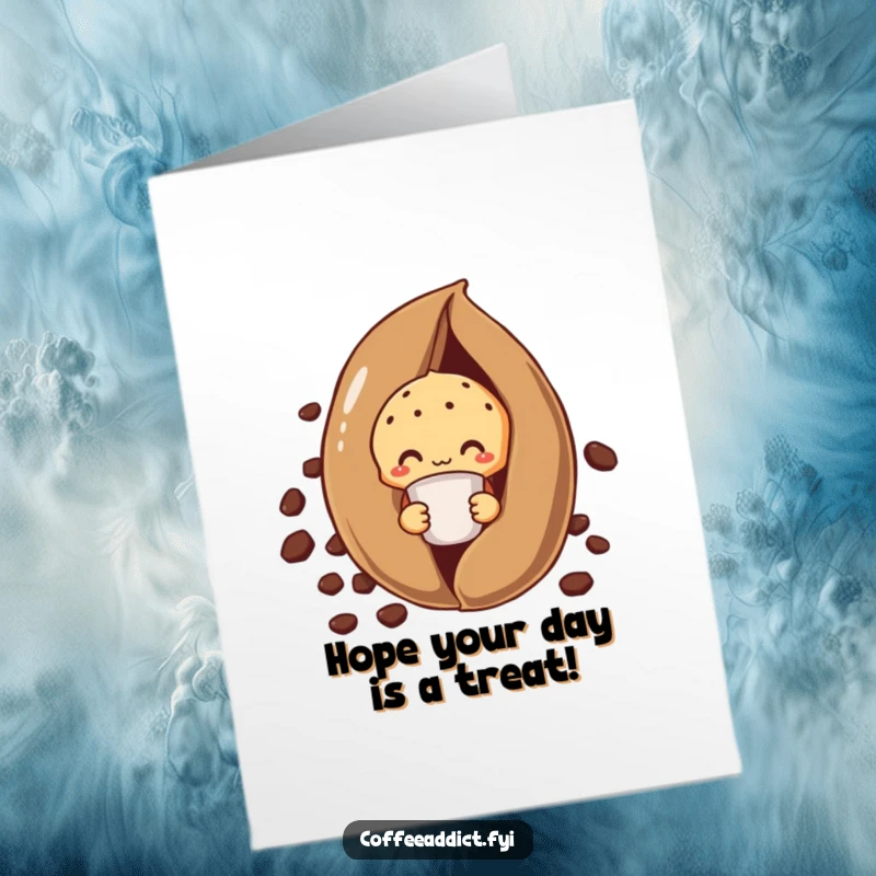 Funny Free Printable Birthday Card: Shy Muffin Peeking Behind Coffee Bean, Holding Tiny Cup